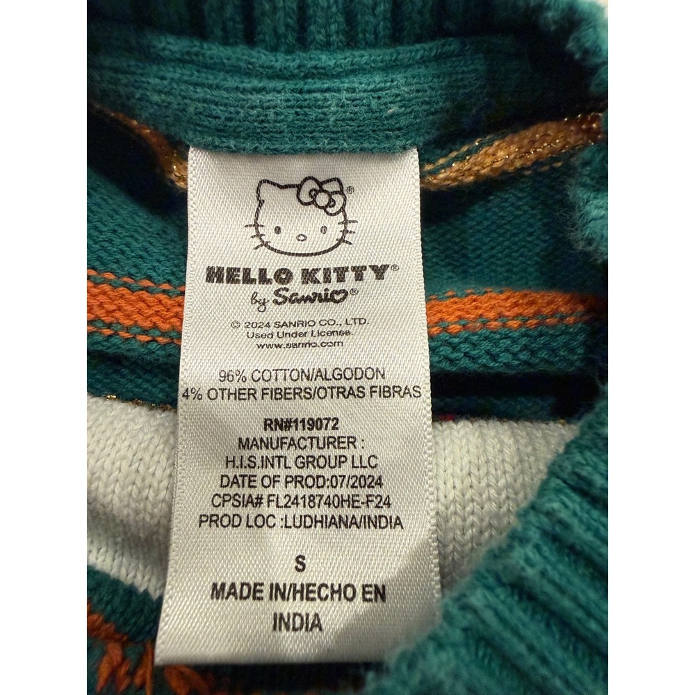 Hello Kitty Sanrio Gingerbread Holiday Sweater Green Striped Metallic Womens S - Picture 6 of 6